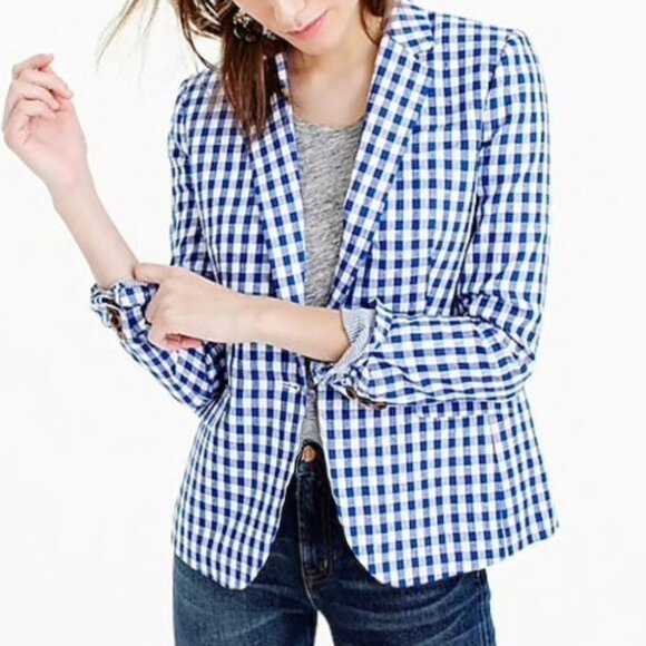 New J.Crew Campbell Linen Cotton Gingham Blazer Blue 6 $148 - Picture 1 of 7